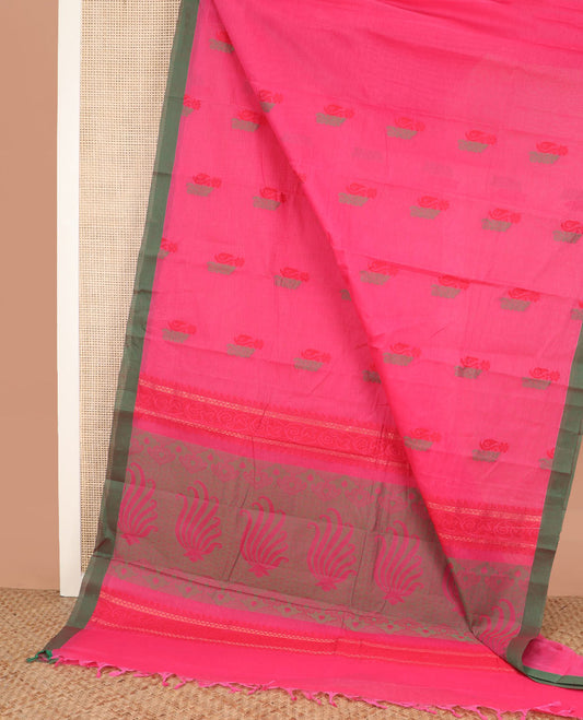 Pink buttas kanchi cotton saree, contrast border, and floral design pallu