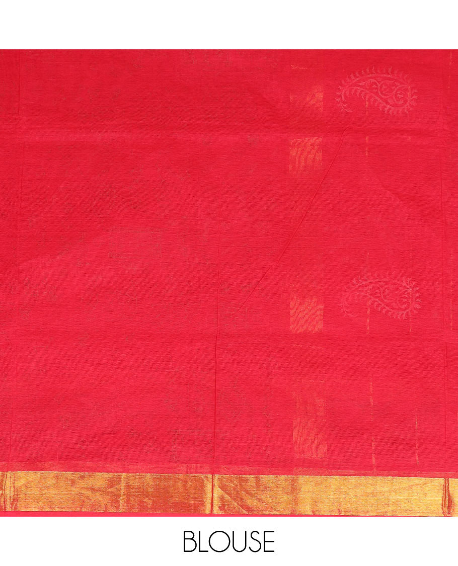 Red warli motifs printed Andhra cotton saree, ikkat border, and printed pallu