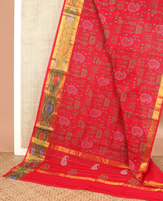 Red warli motifs printed Andhra cotton saree, ikkat border, and printed pallu