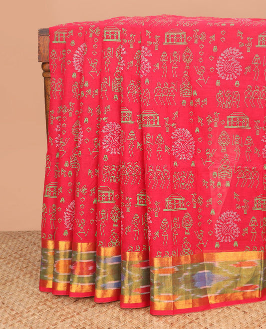 Red warli motifs printed Andhra cotton saree, ikkat border, and printed pallu