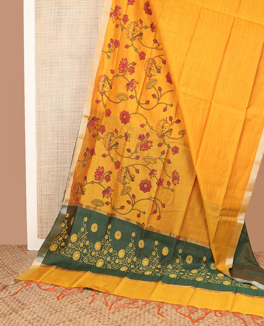 Orange floral vine and Pichwai cow printed chirala cotton saree, plain border, and contrast floral printed pallu
