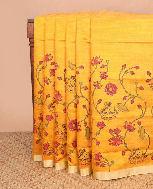 Orange floral vine and Pichwai cow printed chirala cotton saree, plain border, and contrast floral printed pallu