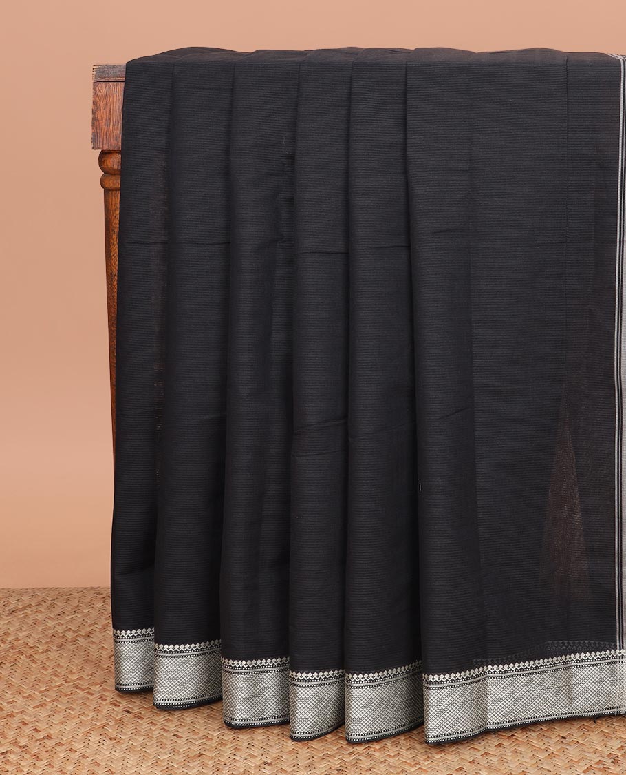Black sparesly striped  Mangalgiri cotton saree, traditional border, striped pallu, and contrast floral printed blouse