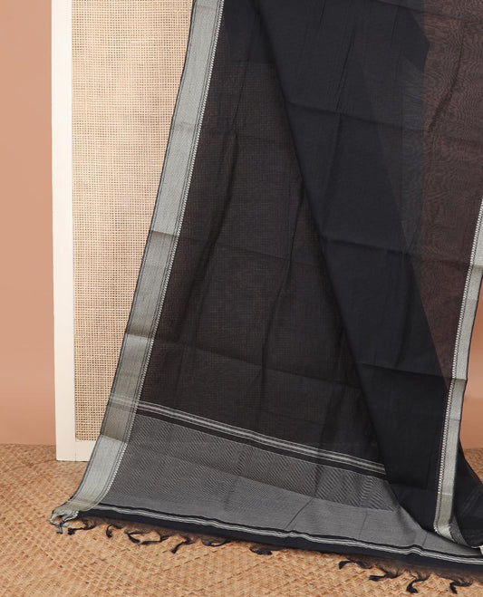 Black sparesly striped  Mangalgiri cotton saree, traditional border, striped pallu, and contrast floral printed blouse