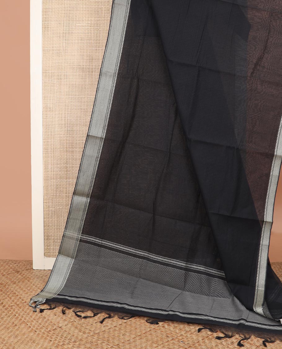 Black sparesly striped  Mangalgiri cotton saree, traditional border, striped pallu, and contrast floral printed blouse