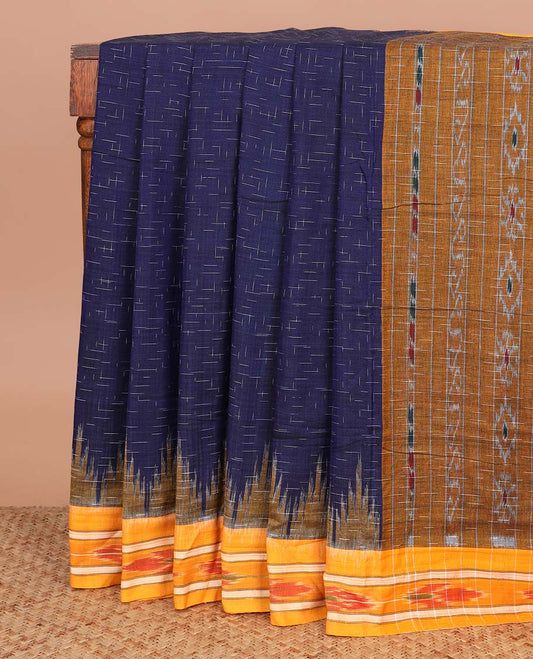 Navy blue geometric maze style ikkat cotton saree, contrast yellow ikkat border, and pallu of ikkat weave