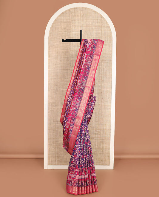 Purple floral vine patola silk saree, contrast traditional zari border and pallu of Pichwai cow and peacock motifs
