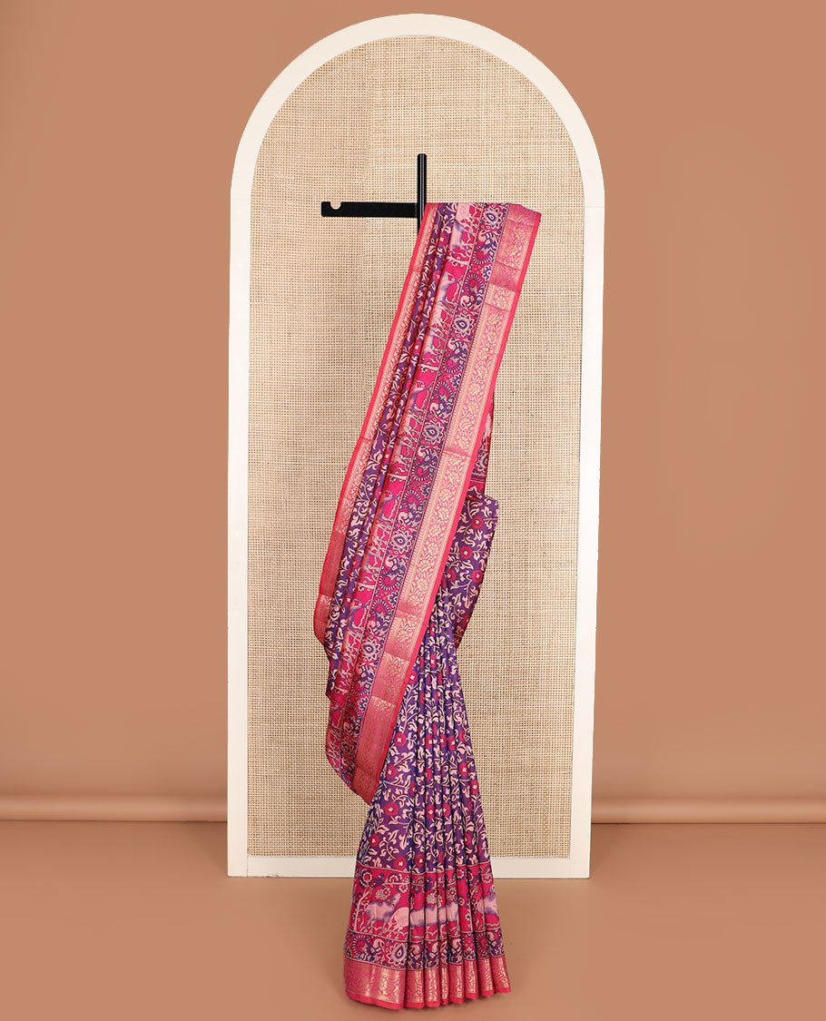 Purple floral vine patola silk saree, contrast traditional zari border and pallu of Pichwai cow and peacock motifs