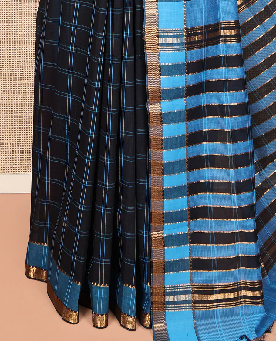 Black Mangalgiri Cotton Saree, Bedecked with Checks on Its Body, Complemented by Contrast Zari Temple Border, Zari-Striped Pallu, and Paired with a Contrast Blouse
