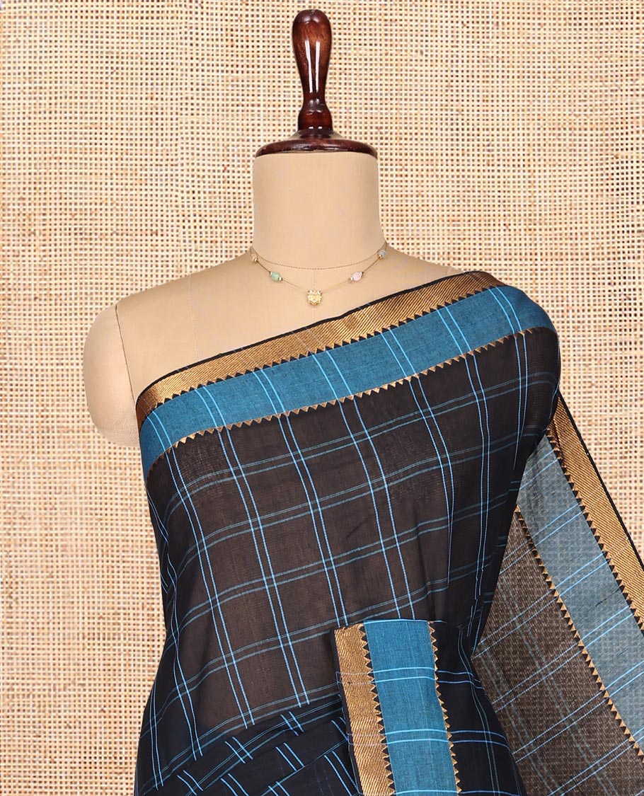 Black Mangalgiri Cotton Saree, Bedecked with Checks on Its Body, Complemented by Contrast Zari Temple Border, Zari-Striped Pallu, and Paired with a Contrast Blouse
