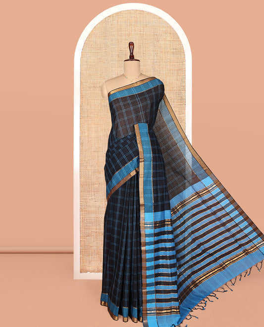 Black Mangalgiri Cotton Saree, Bedecked with Checks on Its Body, Complemented by Contrast Zari Temple Border, Zari-Striped Pallu, and Paired with a Contrast Blouse