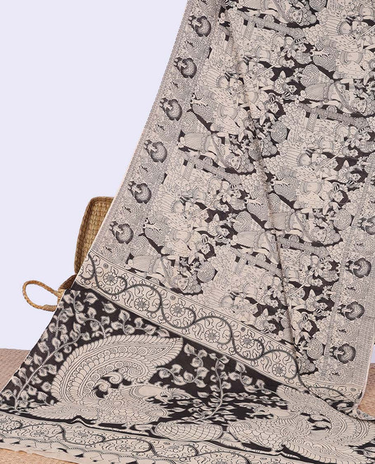 Black human inspried design machine-printed kalamkari cotton saree with contrast border & peacock design pallu