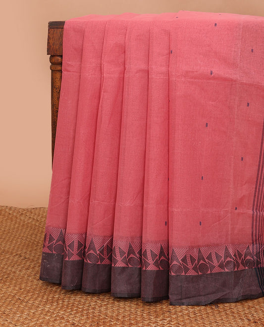Pink buttas Bengal cotton saree, contrast geometric patterned border & pallu of stripes & buttas