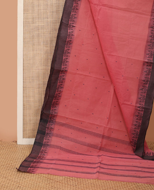 Pink buttas Bengal cotton saree, contrast geometric patterned border & pallu of stripes & buttas