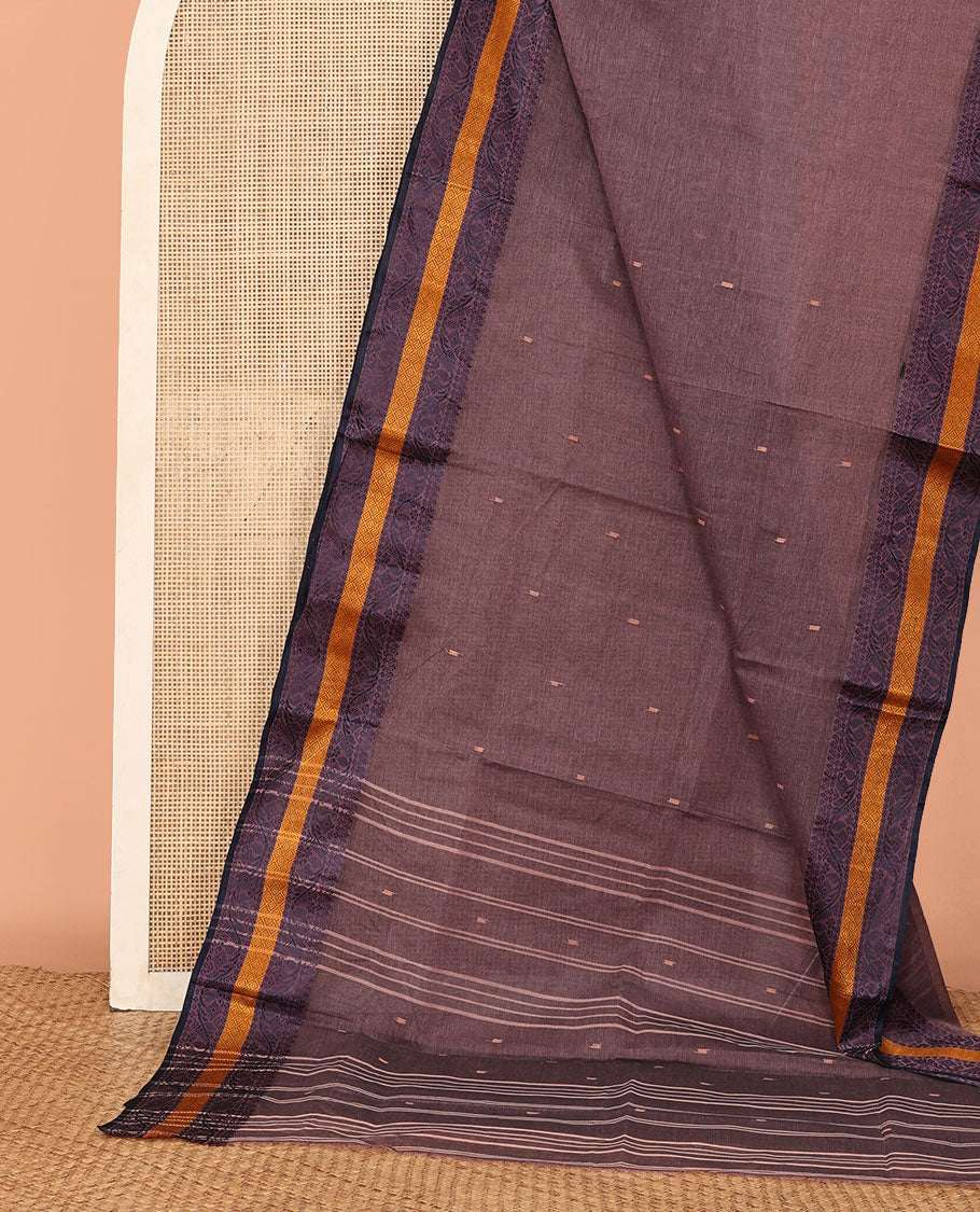 Brown Bengal Cotton Saree, Delicately Woven with Thread Buttas, a Contrast Paisley Border, Self-Pallu, and No Blouse