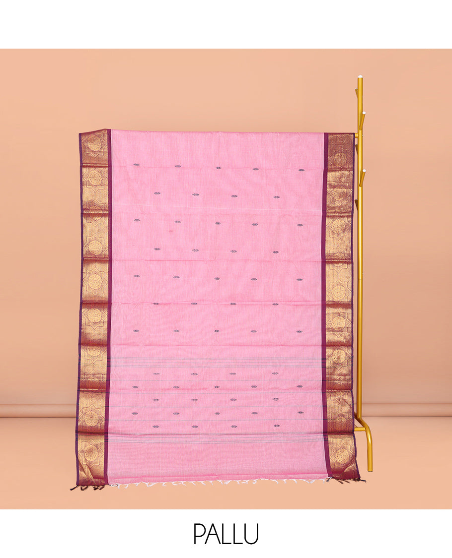 Pink Chettinad Cotton Saree, Subtly Sparkled with Buttas All Over Its Body, Complemented by Contrast Traditional Zari Design Border, Pallu of Stripes and Buttas, and Paired with a Matching Blouse