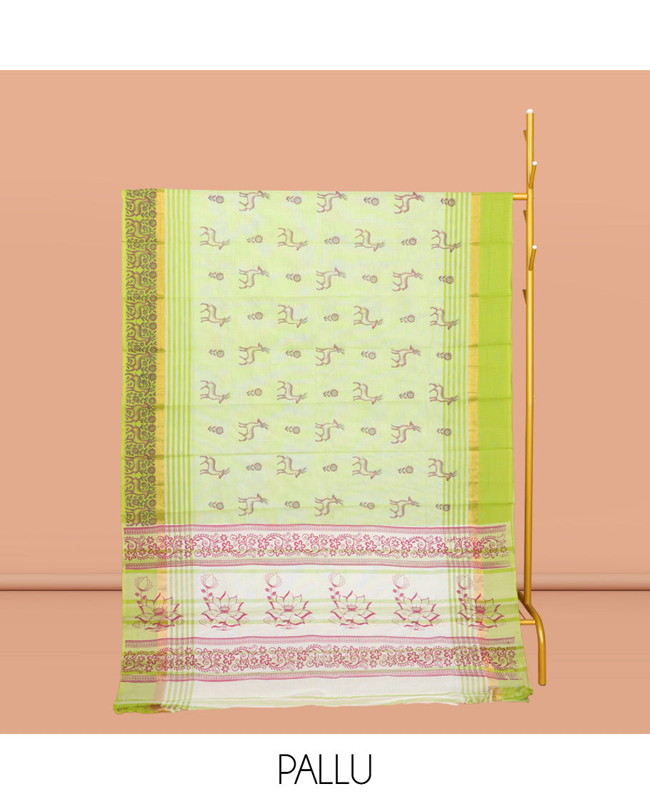 Green Chirala Cotton Saree, Elevated with Floral and Deer Motifs, a Contrast Deer Motifs Border, Striped Pallu, and a Matching Blouse