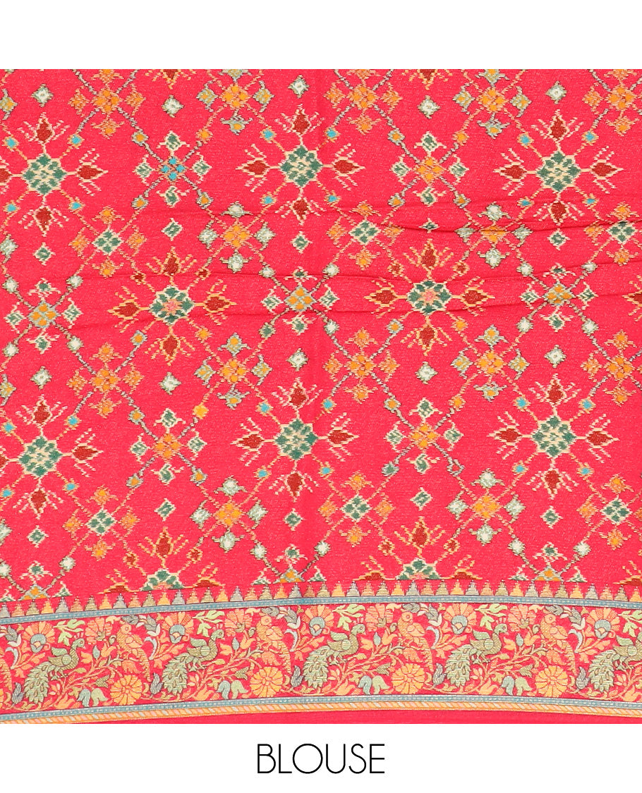 Blue ikkat design printed dola silk saree, contrast floral vine, and peacock border, and jaal pallu