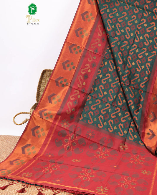 Green floral design semi-pattola silk saree with contrast floral border &  floral, paisley design pallu