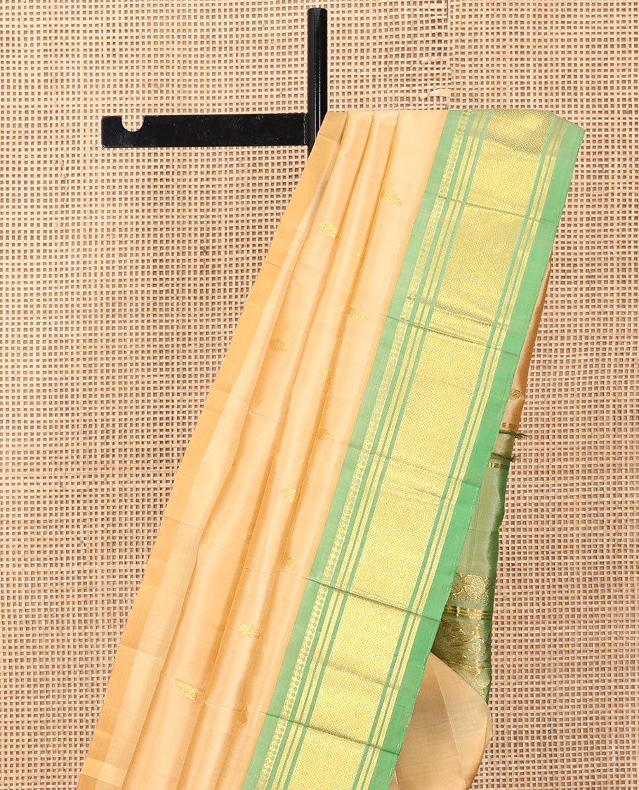 Sandal Kanchipuram Silk Saree Features Zari Buttas, a Contrast One-Sided Border of Paneer Sombu, Banaras, and Jaal Designs, Floral Design Pallu, and No Blouse