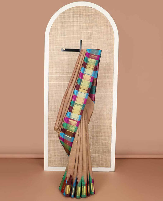 Brown buttas kancheepuram silk saree with contrast rekku, banaras, kathir design & striped pallu