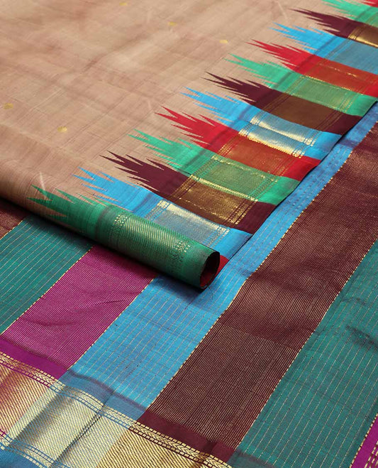 Brown buttas kancheepuram silk saree with contrast rekku, banaras, kathir design & striped pallu