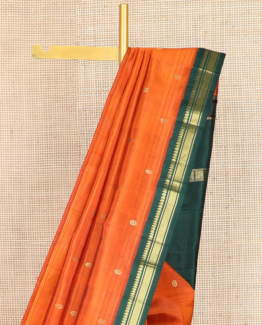 Orange zari buttas kanchipuram silksaree, contrast one-sided border of manga,banaras & mayil kann & zari design pallu