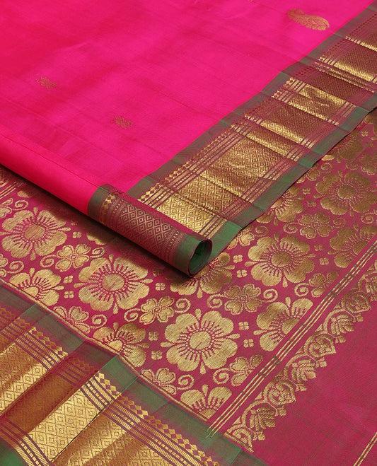 Pink zari buttas kancheepuram silk saree, contrast one-sided border of panner sombu, banaras, muthu & mayil kann & floral design pallu