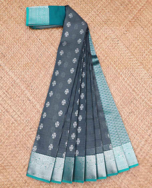 Blue checked, floral kora cotton saree with contrast zari design border & checked zari design pallu