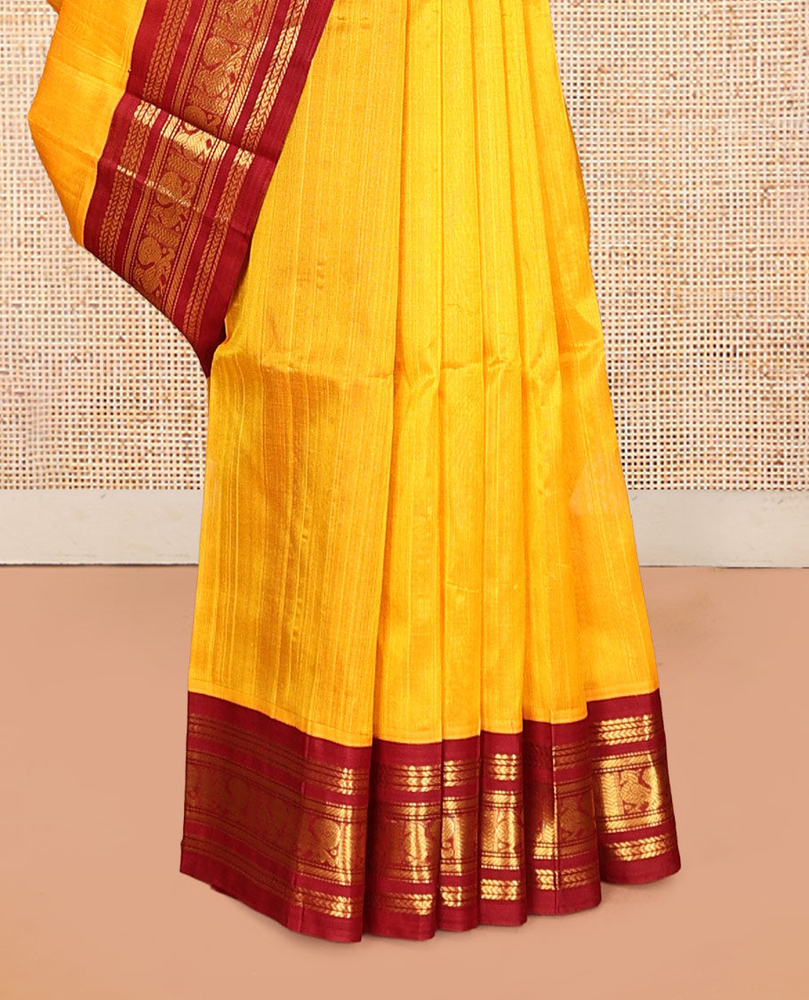 Yellow Plain Kuppadam Silk Saree, a Contrast Traditional Zari Border, Grand Pallu, a Contrast Blouse