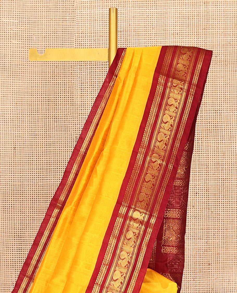 Yellow Plain Kuppadam Silk Saree, a Contrast Traditional Zari Border, Grand Pallu, a Contrast Blouse