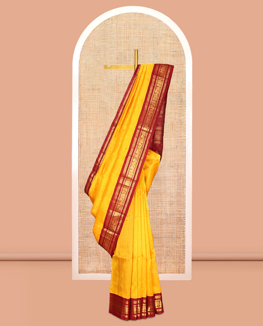 Yellow Plain Kuppadam Silk Saree, a Contrast Traditional Zari Border, Grand Pallu, a Contrast Blouse