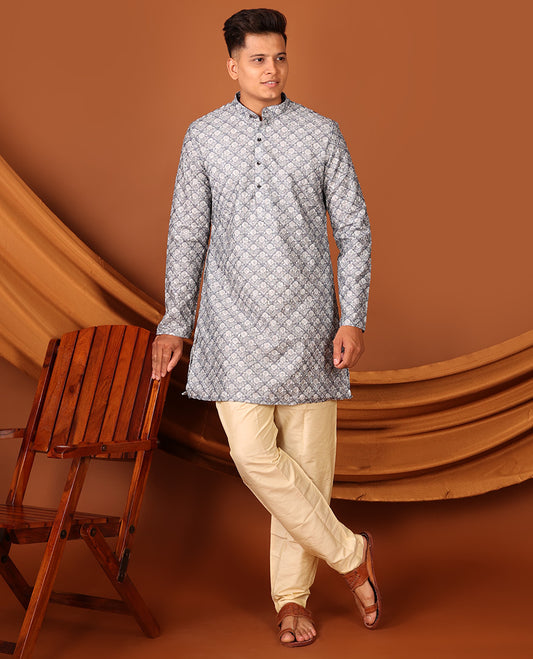 Grey Floral Jaal Printed Full-Sleeved Men's Kurta