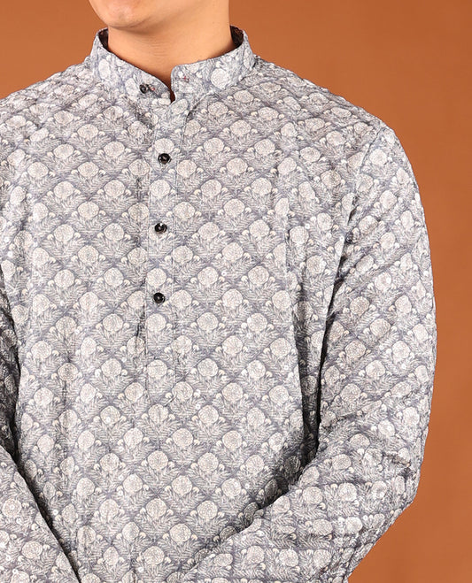 Grey Floral Jaal Printed Full-Sleeved Men's Kurta