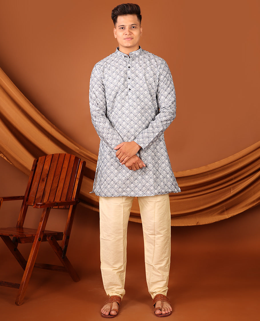 Grey Floral Jaal Printed Full-Sleeved Men's Kurta