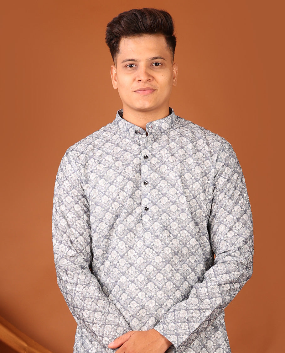 Grey Floral Jaal Printed Full-Sleeved Men's Kurta