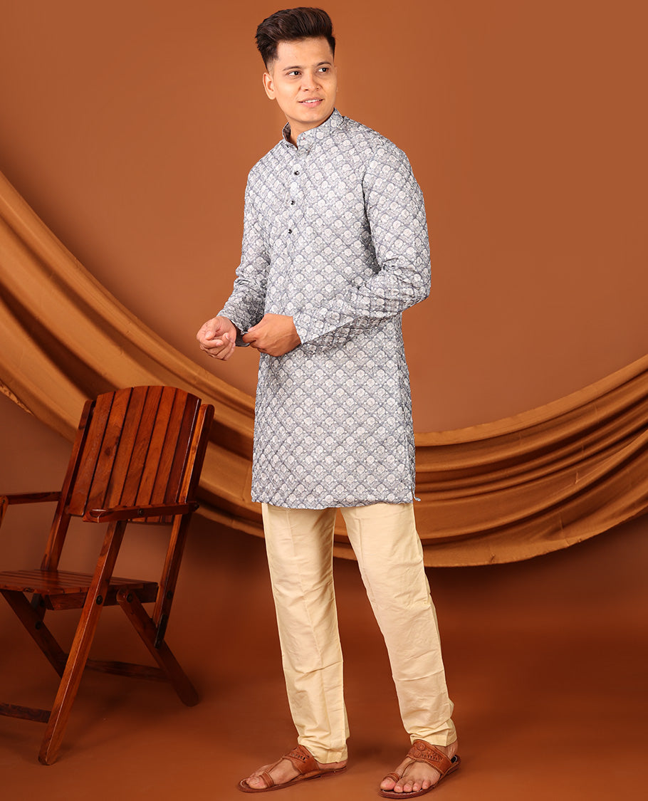 Grey Floral Jaal Printed Full-Sleeved Men's Kurta