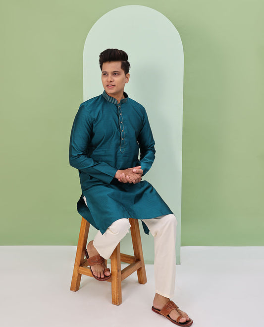 Blue jaal design embossed full-sleeved readymade kurta
