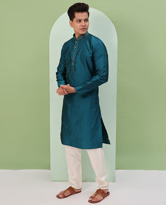 Blue jaal design embossed full-sleeved readymade kurta