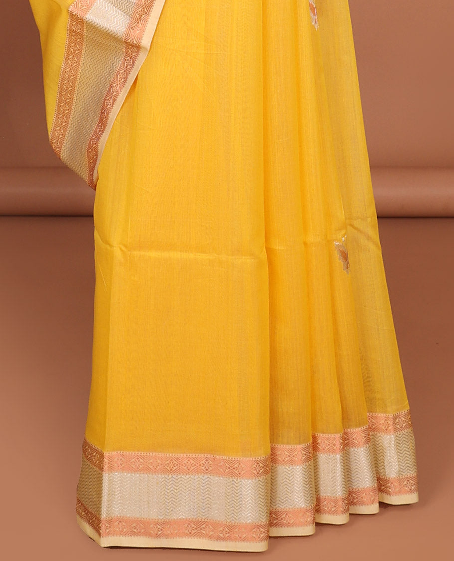Yellow Maheshwari cotton saree with butterfly buttas, contrast chevron & diamond border & zari striped pallu