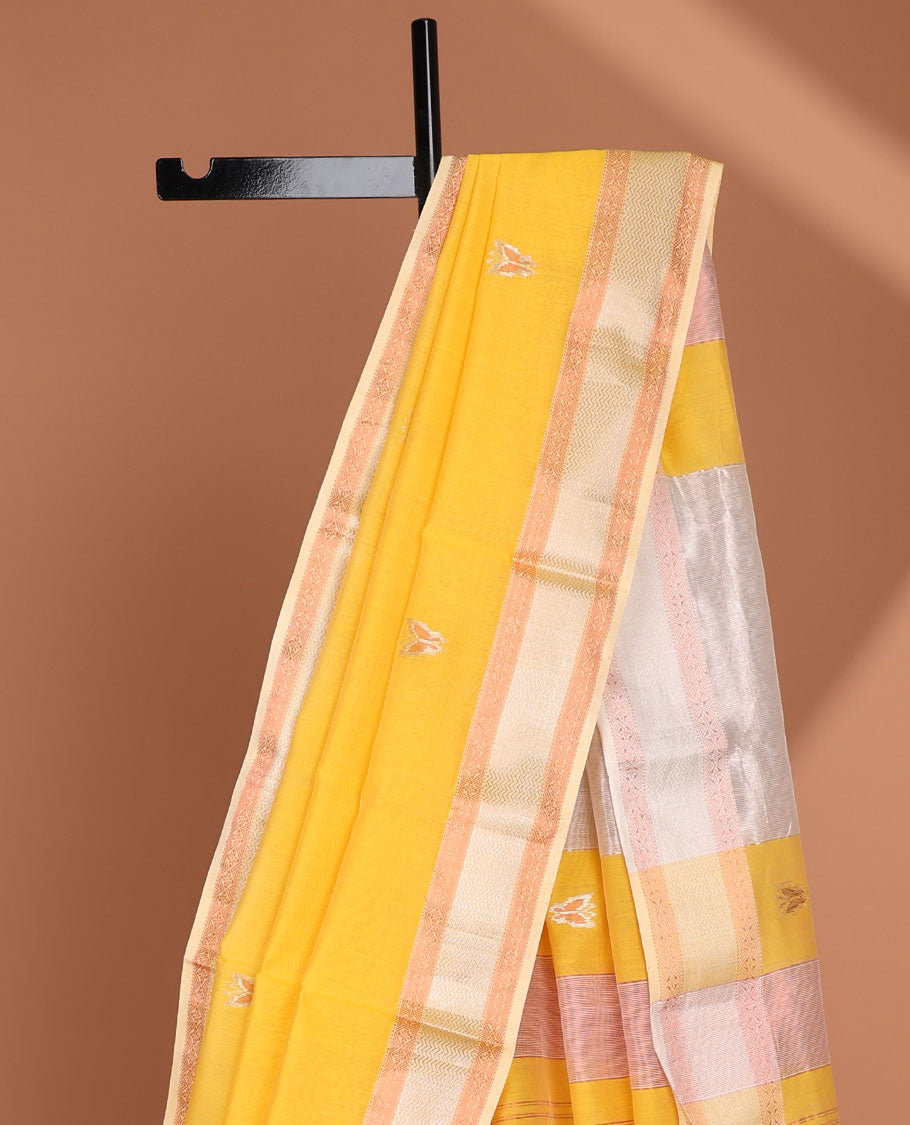Yellow Maheshwari cotton saree with butterfly buttas, contrast chevron & diamond border & zari striped pallu