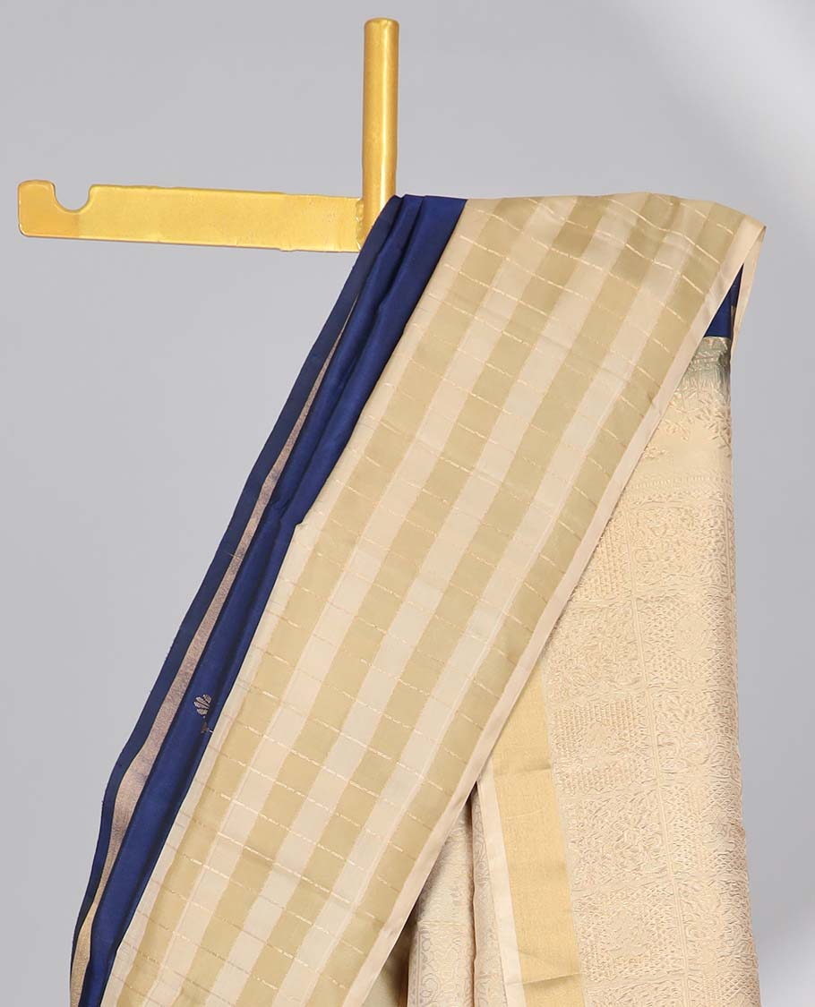 Blue floral buttas soft silk contrast striped border & checked design pallu