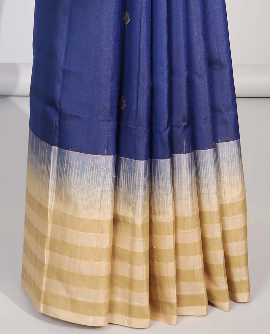 Blue floral buttas soft silk contrast striped border & checked design pallu