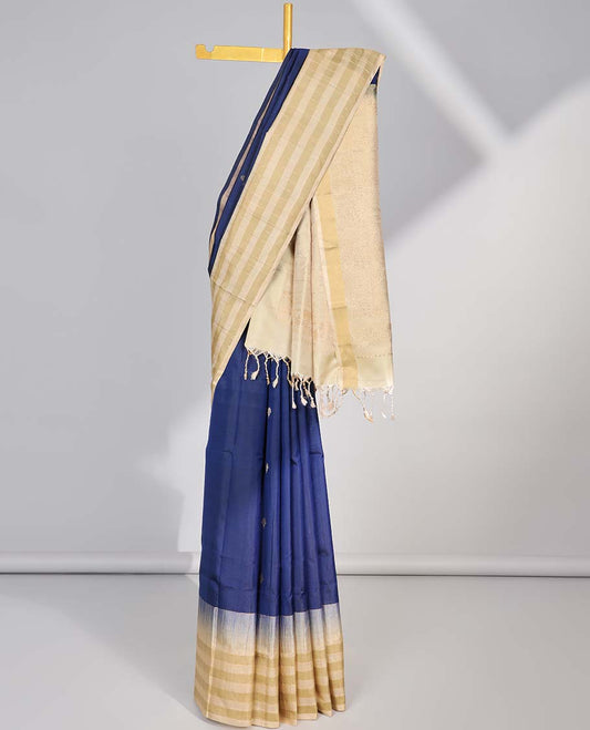 Blue floral buttas soft silk contrast striped border & checked design pallu