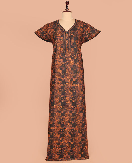 Orange Cotton Nighty Delicately Printed with Floral-Geometric, Featuring Lace Work, Unique Front Neck, and Half  Sleeves