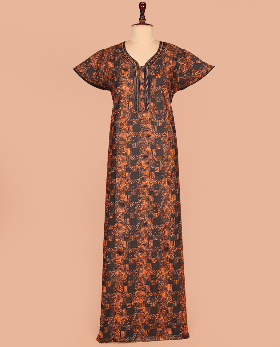 Orange Cotton Nighty Delicately Printed with Floral-Geometric, Featuring Lace Work, Unique Front Neck, and Half  Sleeves