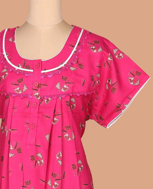 Pink geometric motifs printed with neck lace embroidered half-sleeve round neck cotton nighty