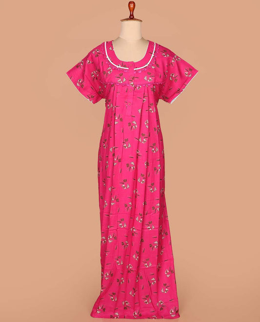 Pink geometric motifs printed with neck lace embroidered half-sleeve round neck cotton nighty