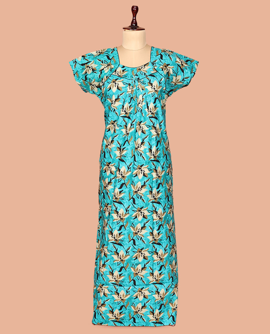 Blue Floral Cotton-Blended Nighty