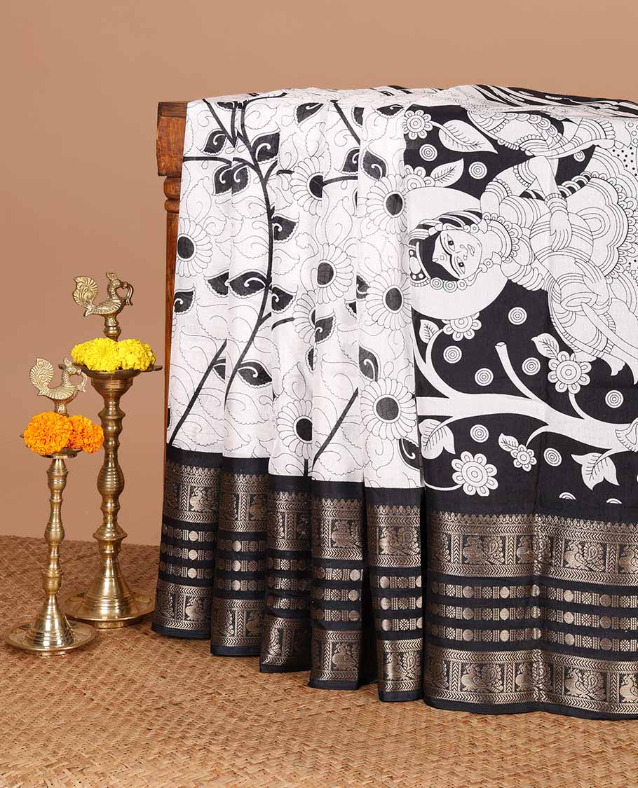 White with black kalamkari printed design dola silk saree, jacquard design border & kalamkari printed pallu along with plain blouse